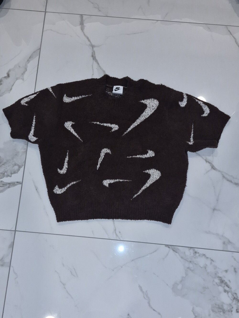 Nike Brown Crewneck Sweater with White Swoosh Pattern